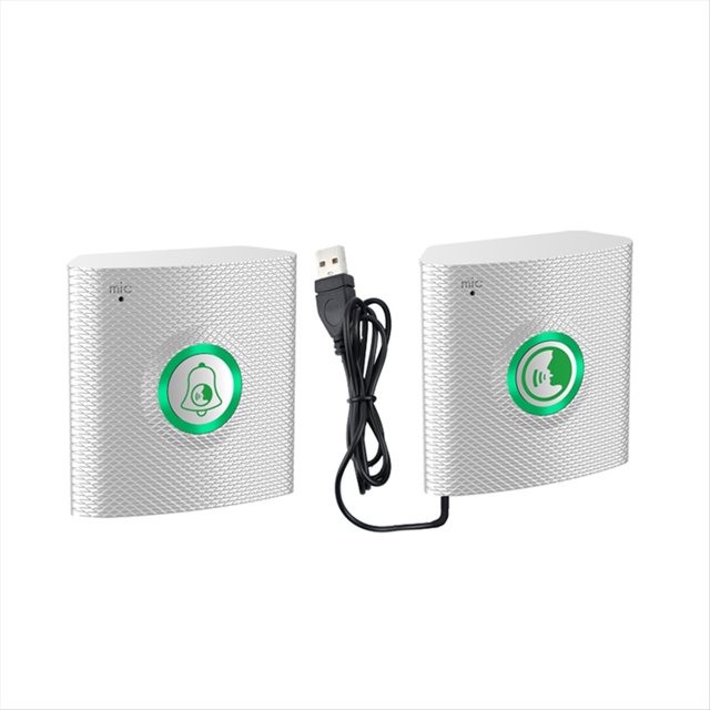 intercomunicador de voz inalámbrico de larga distancia, teléfono de puerta dúplex completo, timbre de audio bidireccional, timbre de para personas mayores, plateado. Vista frontal centrada de dos timbres plateados texturizados en plástico con bordes curvos; cada unidad tiene un botón circular verde con icono de timbre o de voz, cable USB negro visible y marcación "mic" en la parte superior.