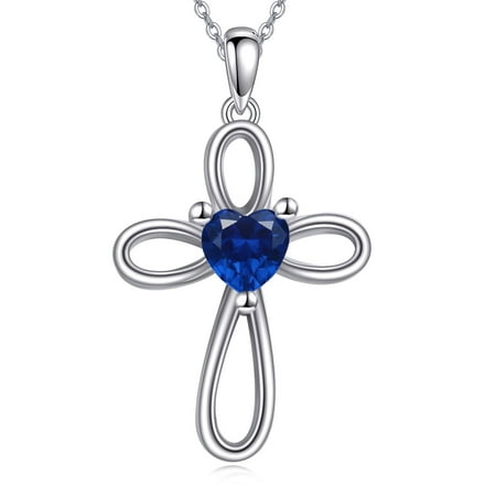 Cross Necklaces S925 Sterling Silver September Sapphire Birthstone Heart Cross Pendant Necklace Religious Christian Baptism Jewelry First Communion Day Gifts for Women
