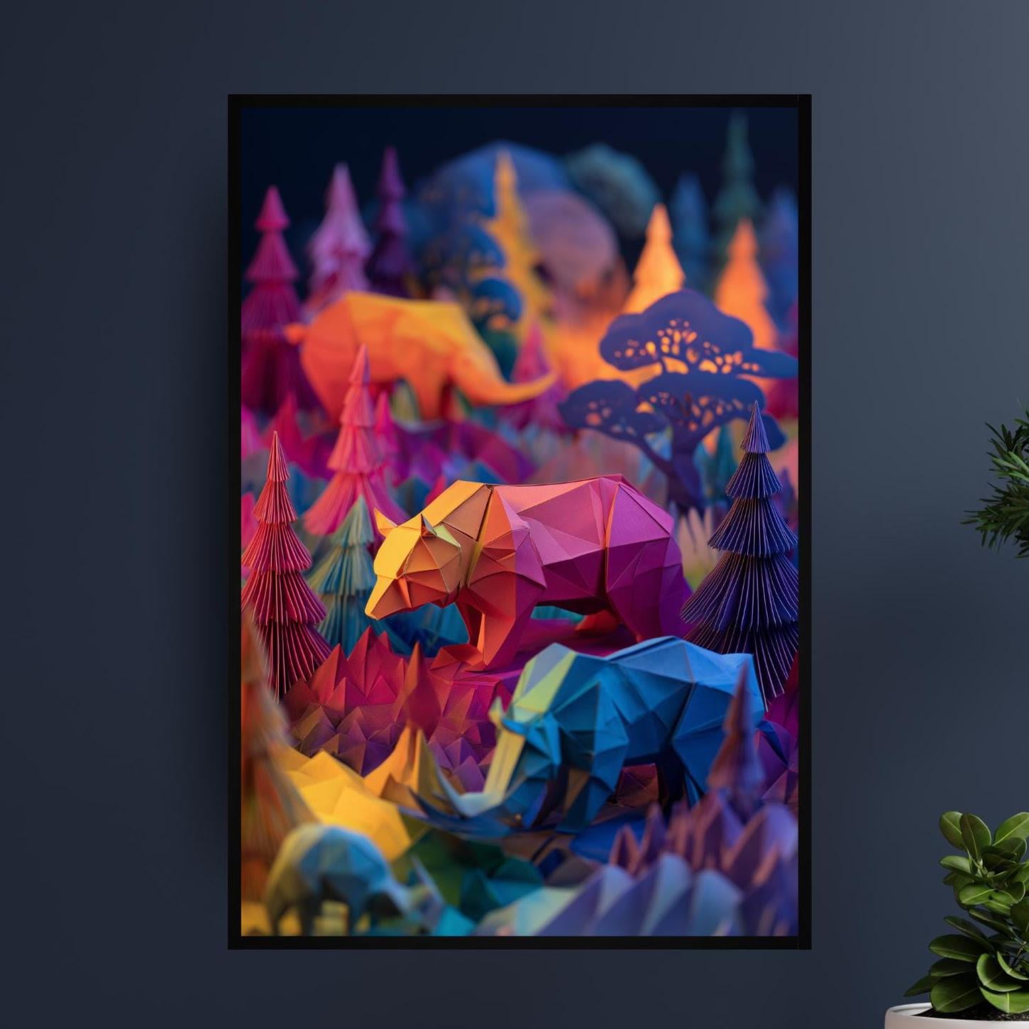 Origami Mountain Bear Print Modern Forest Rhino Wall Art Nature Art Tree Print Colourful Bear Print