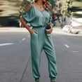 thumbnail image 4 of Gaecuw Overall Jumpsuit for Women Short Sleeve Overall with Pockets V Neck Band Collar Solid Onesie One Piece Outfits Loose Baggy Long Pants Wide Leg Summer Romper Pull On Calf Length Trousers, 4 of 6