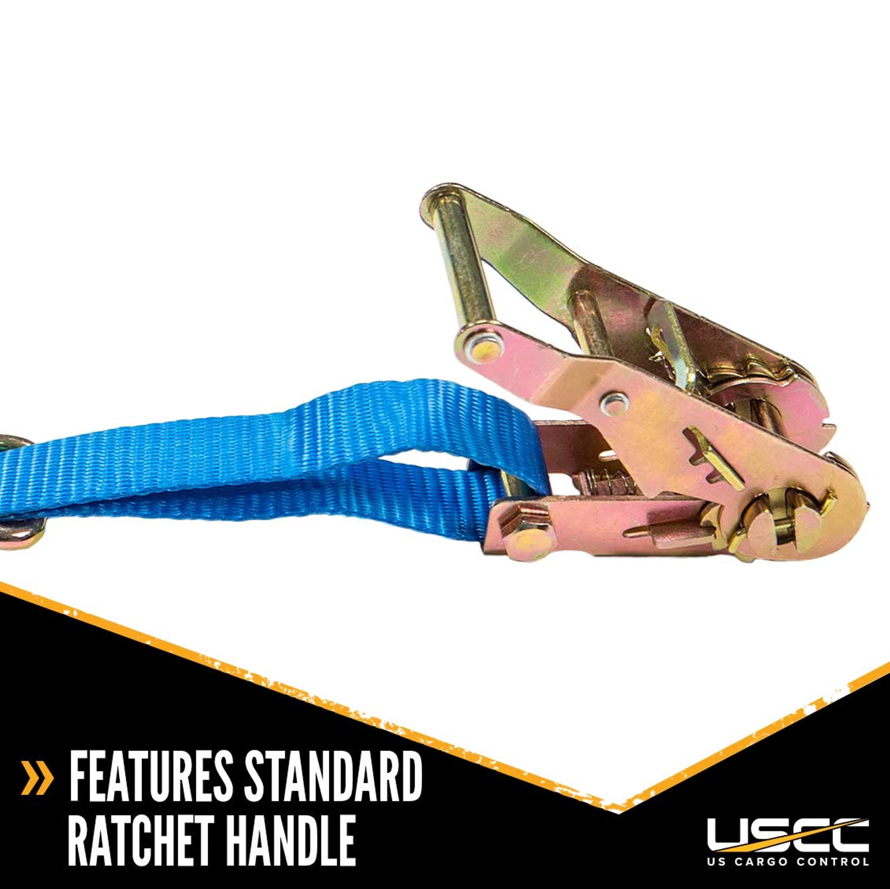 US Cargo Control, Ratchet Strap Tie Downs, J Hook End Fittings With Floating D Ring, 1 Inch Wide X 10 Foot Long, Dependable Cargo Securement, Blue Ratcheting Cargo Tie Down J Hook Straps, 2 Pack