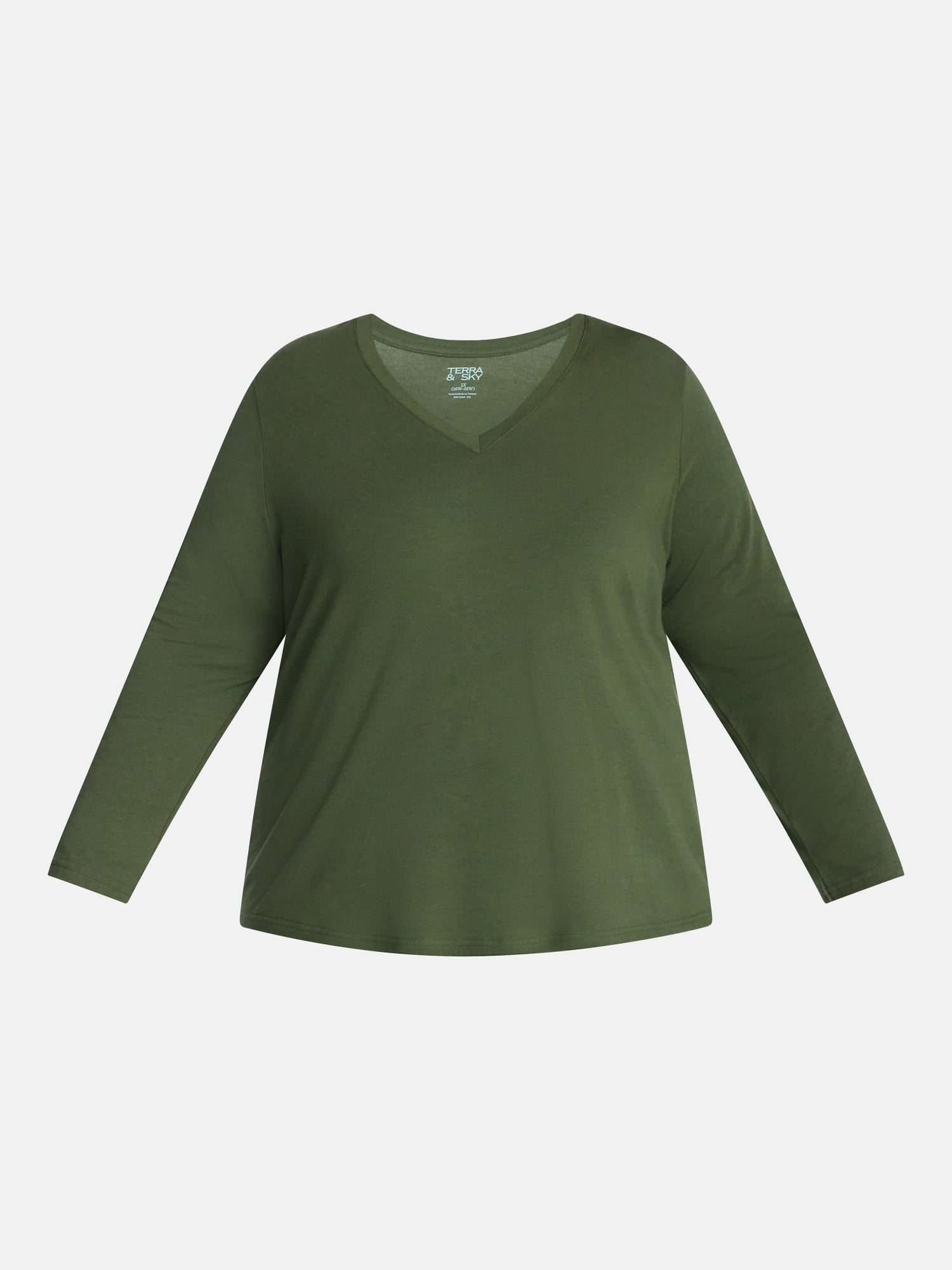 Terra & Sky Women's Plus Size V Neck Tee with Long Sleeves, Size 0X-5X