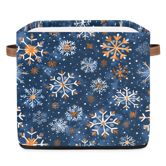 CURLYOOT 13 x 13 Inch Cube Storage Bin, Snowflake Fabric Storage Cube Baskets, Blue Winter Closet Shelves Foldable Bins with Leather Handles for Home Organizer