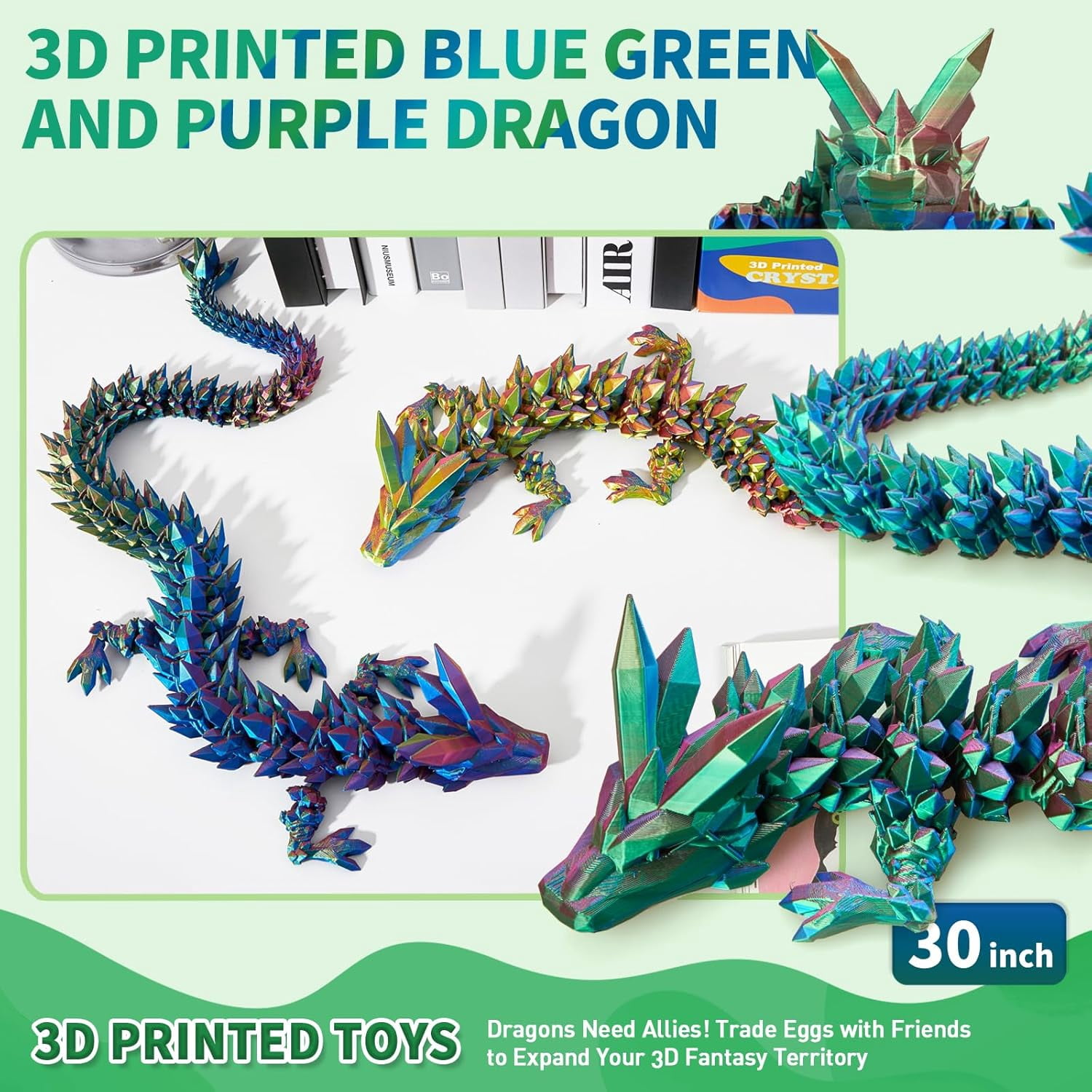 3D Printed Dragon - 30 inch Large Pearly Sheen Articulated Dragon, Mystery Easter Crystal Animals Fidget Toy(Blue Green Purple)