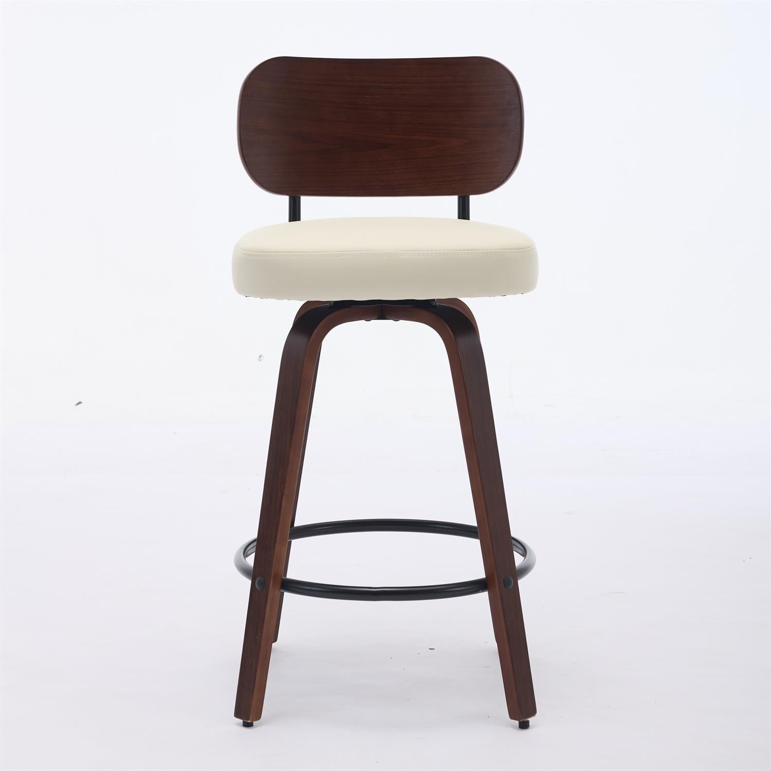 Demi Bonn 35" Swivel Bar Stools Set of 2 with Upholstered Faux Leather， Walnut Back & Bentwood Legs, Counter Height Stools for Kitchen or Bar Seating, Beige