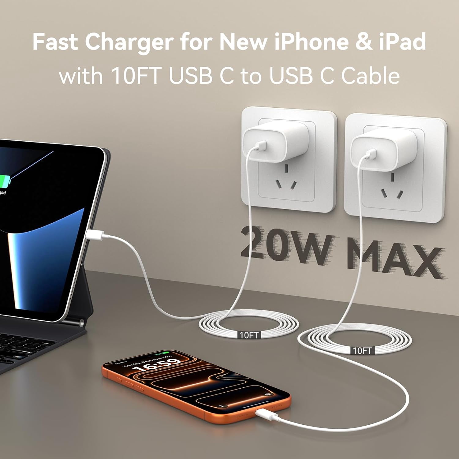 i.Phone 15 16 Pro Max Charger, 8 FT Long Cord USB C to C Fast Charging Cable with PD 20W Fast Charger Block for i.Phone 16/16 pro/16 plus/16 pro max/15/15 Pro max/ 15 pro/15 Plus, Pad Pro/air, White