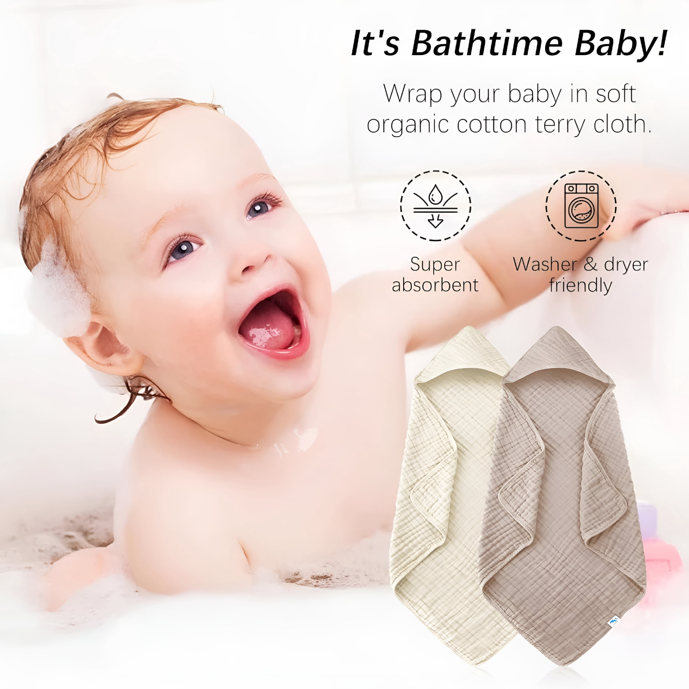 AUQ 2026 New Muslin Hooded Baby Bath Towels - 2 Pack 100% Cotton Towel for Babies, Infants, Toddlers - 32X32Inch - Highly Absorbent and Newborn Essential, Ivory and Brown