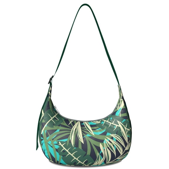 Jungle Leaves Palm Leaf Crossbody Bag for Women Hawaiian Floral Corduroy Shoulder Purse with Adjustable Strap Tropical Plant Crescent Sling Bag