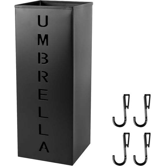 ZWHong 1 pack Metal Umbrella Holder for Entryway, Square Umbrella Stand with Decorative Monogram, Waterproof Free Standing Organizer for Wet Umbrellas, Walking Sticks, Canes, Black