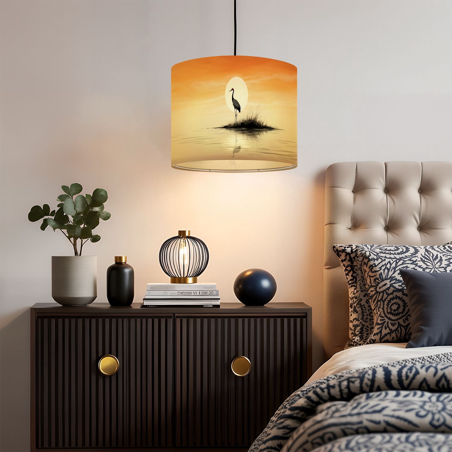 Linen Drum Lampshades Solitary Crane Silhouette Sunrise Waters Wildlife Oriental 13"x13"x10" Light Shade for Table Lamps Floor Lamp Shades Lampshade Replacement Assembly Required