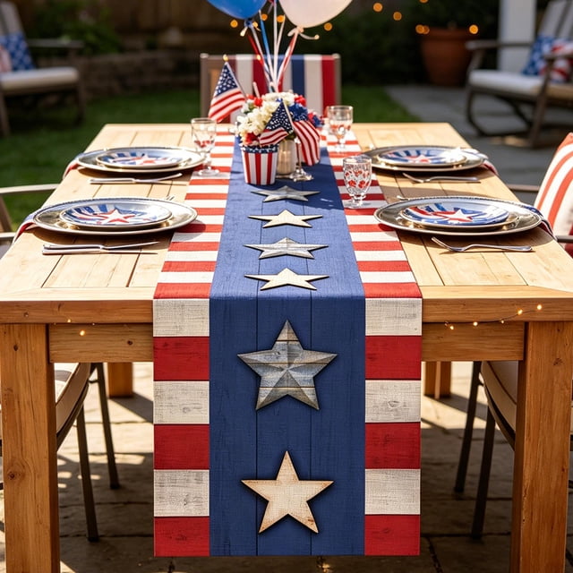 Independence Day Table Runner, Multicolor Linen Patriotic Decor for Dining Table, 183 x 33 cm, Heart Pattern, 1 Pack