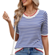 thumbnail image 1 of Camisas de Corta de Verano para Mujer, Suéter A Rayas, Lindas Blusas Casuales de Punto con Cuello Redondo A y Azul XL, 1 of 9