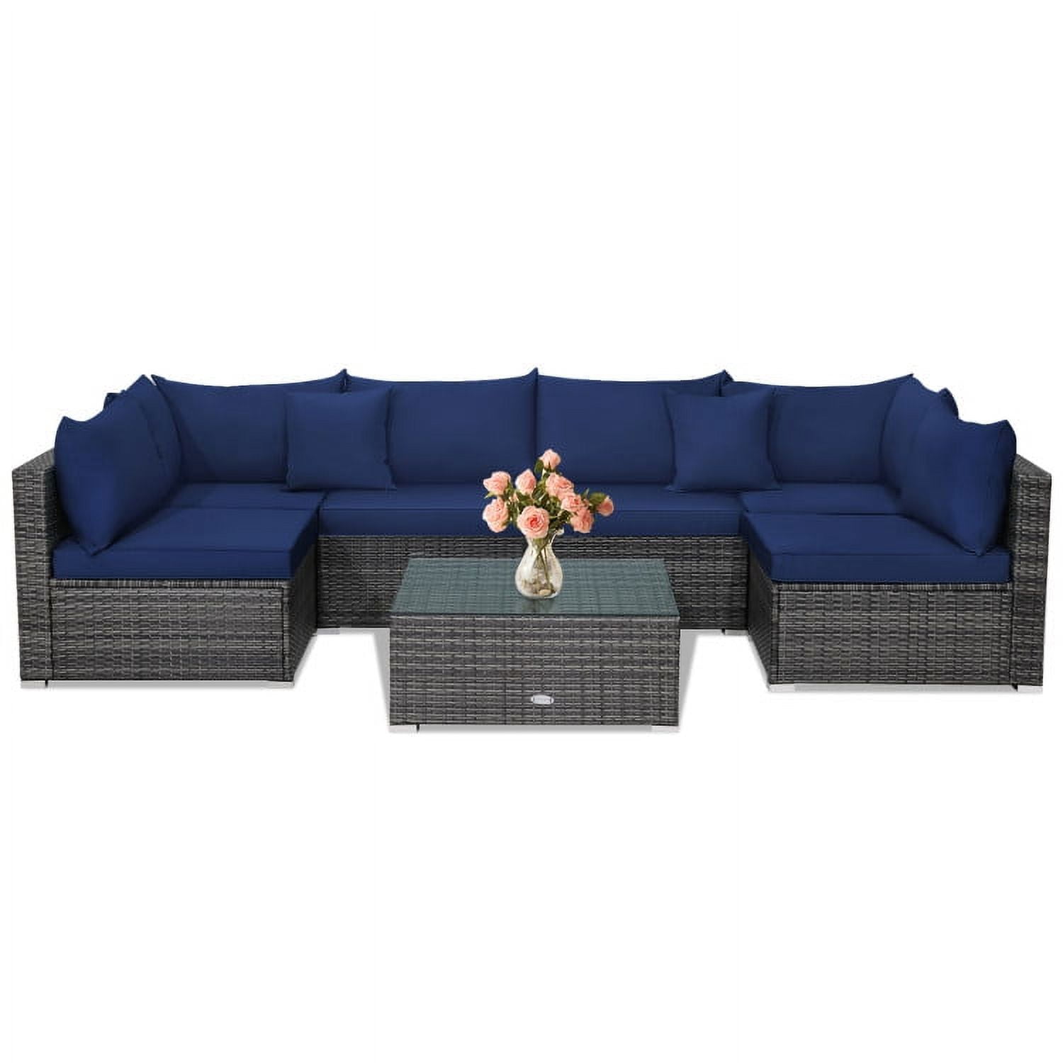 Aimee Lii 7 Pieces Patio Rattan Furniture Set Sectional Sofa Garden Cushion, Outdoor Patio Set, Navy