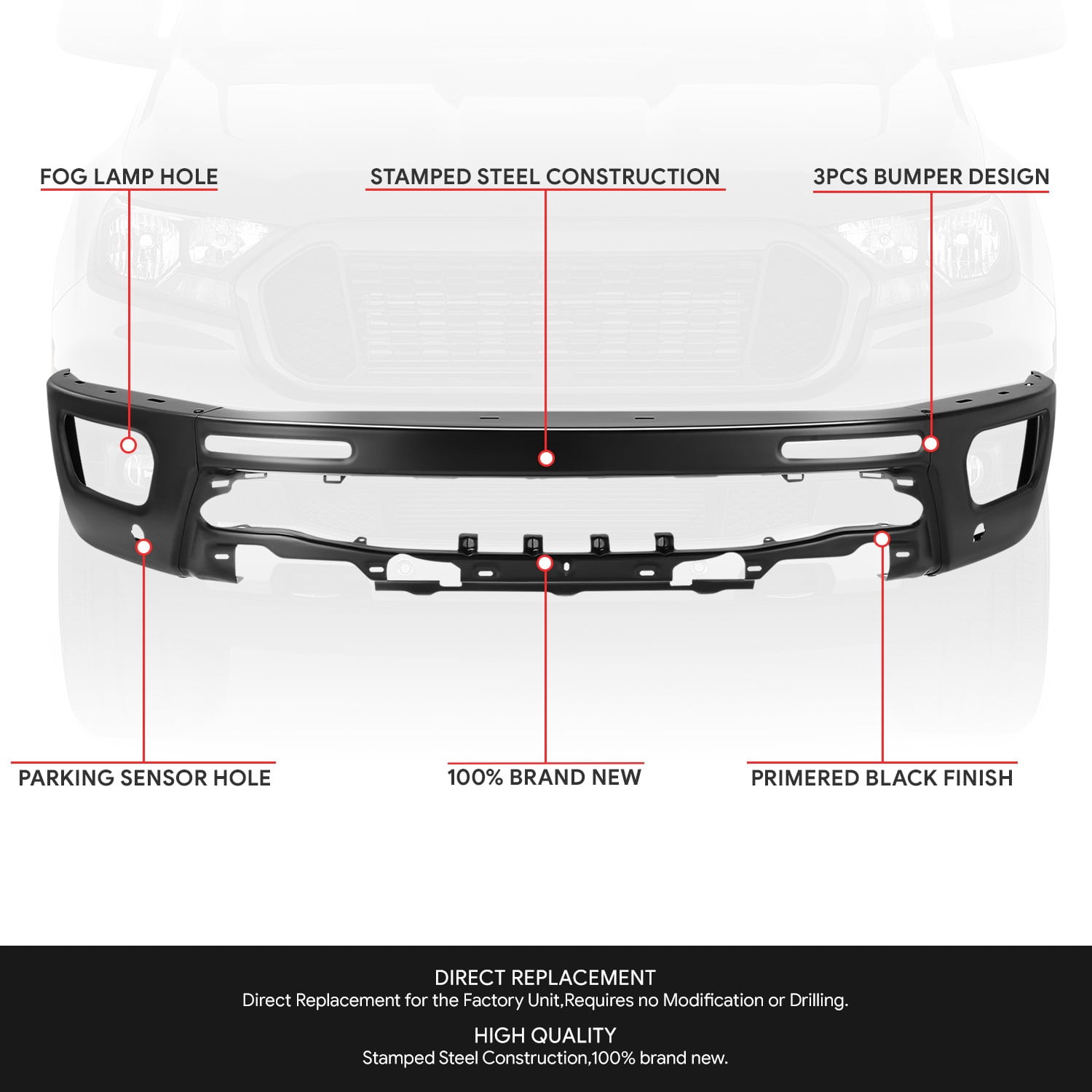 DNA Motoring for 2019-2024 Ford Ranger Front Bumper Face Bar w/ Sensor Holes Black Steel