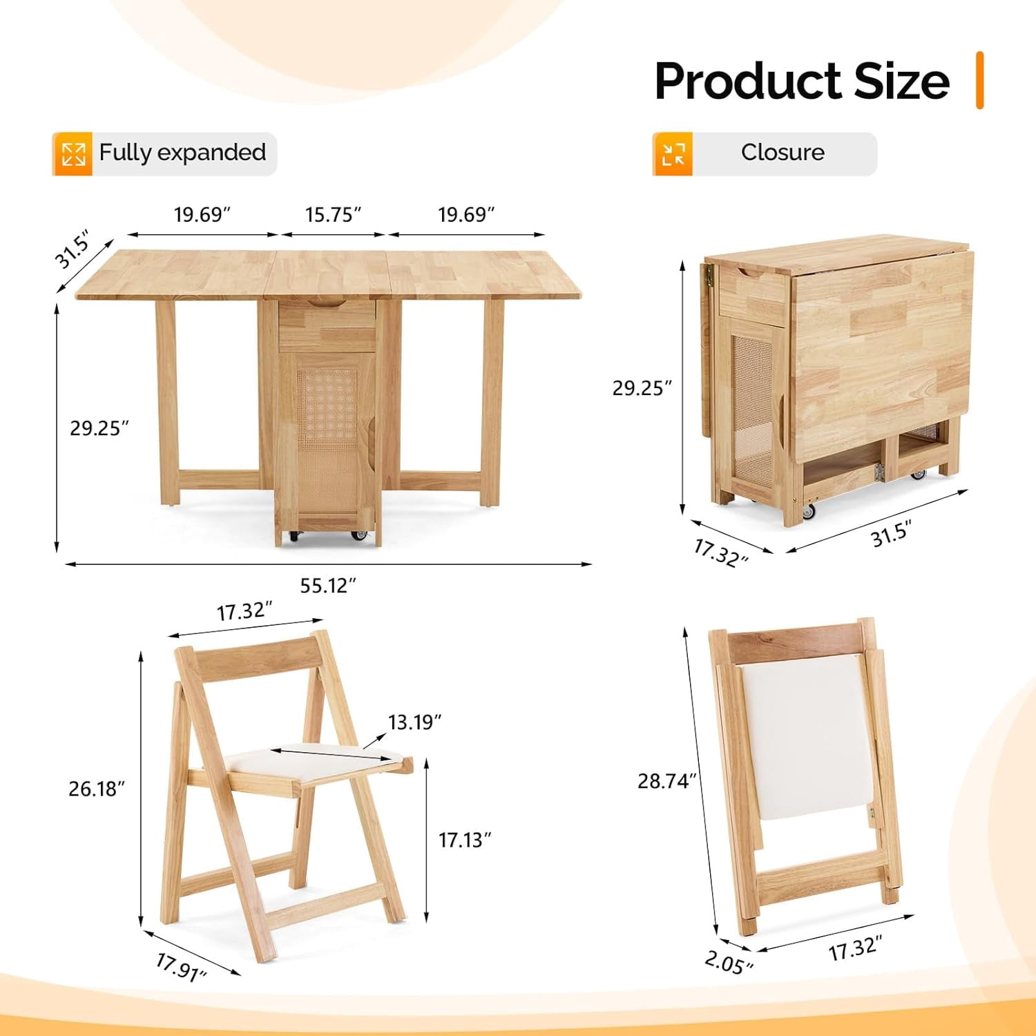 VINGLI Folding Dining Table Extendable Drop Leaf Foldable Table 5 Piece with 4 Chairs 2 Drawers and Wheels for Kitchen Space Saving，Natural