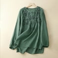 thumbnail image 2 of Dazajoo Women's Vintage Embroidered Cotton Linen Shirt Crew Neck Long Sleeve Blouse 2025 Summer Solid Casual Tunic Tops,Army Green,M, 2 of 6