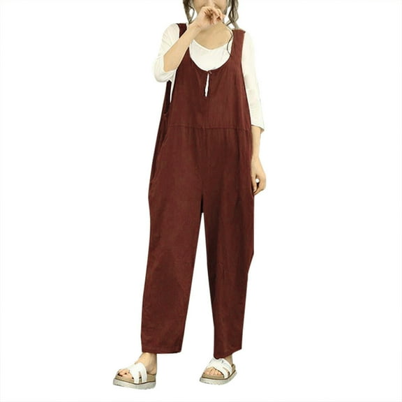 Womens Sleeveless Cotton Linen Jumpsuits Casual Loose Solid Color Wide Leg Palazzo Pants Summer Rompers with Pockets