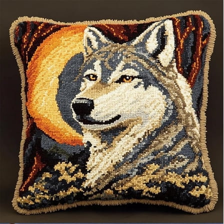 Cross Stitch Latch Hook Sofa Cushion Cover, Wolf and Moon DIY Latch Hook Kits Yarn Kits Pillow Rug Pattern Arts and Crafts Crochet Needlework 17X17 Inch