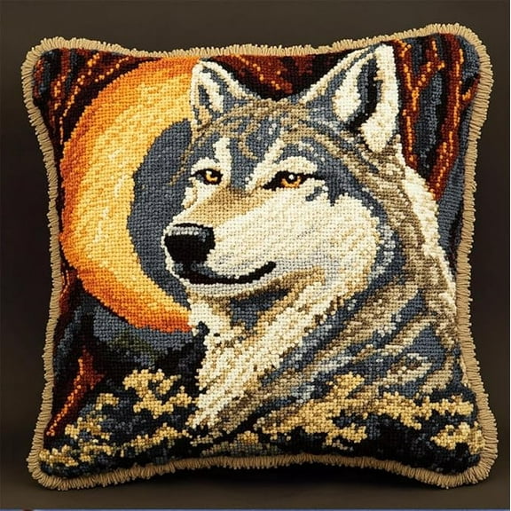 Cross Stitch Latch Hook Sofa Cushion Cover, Wolf and Moon DIY Latch Hook Kits Yarn Kits Pillow Rug Pattern Arts and Crafts Crochet Needlework 17X17 Inch