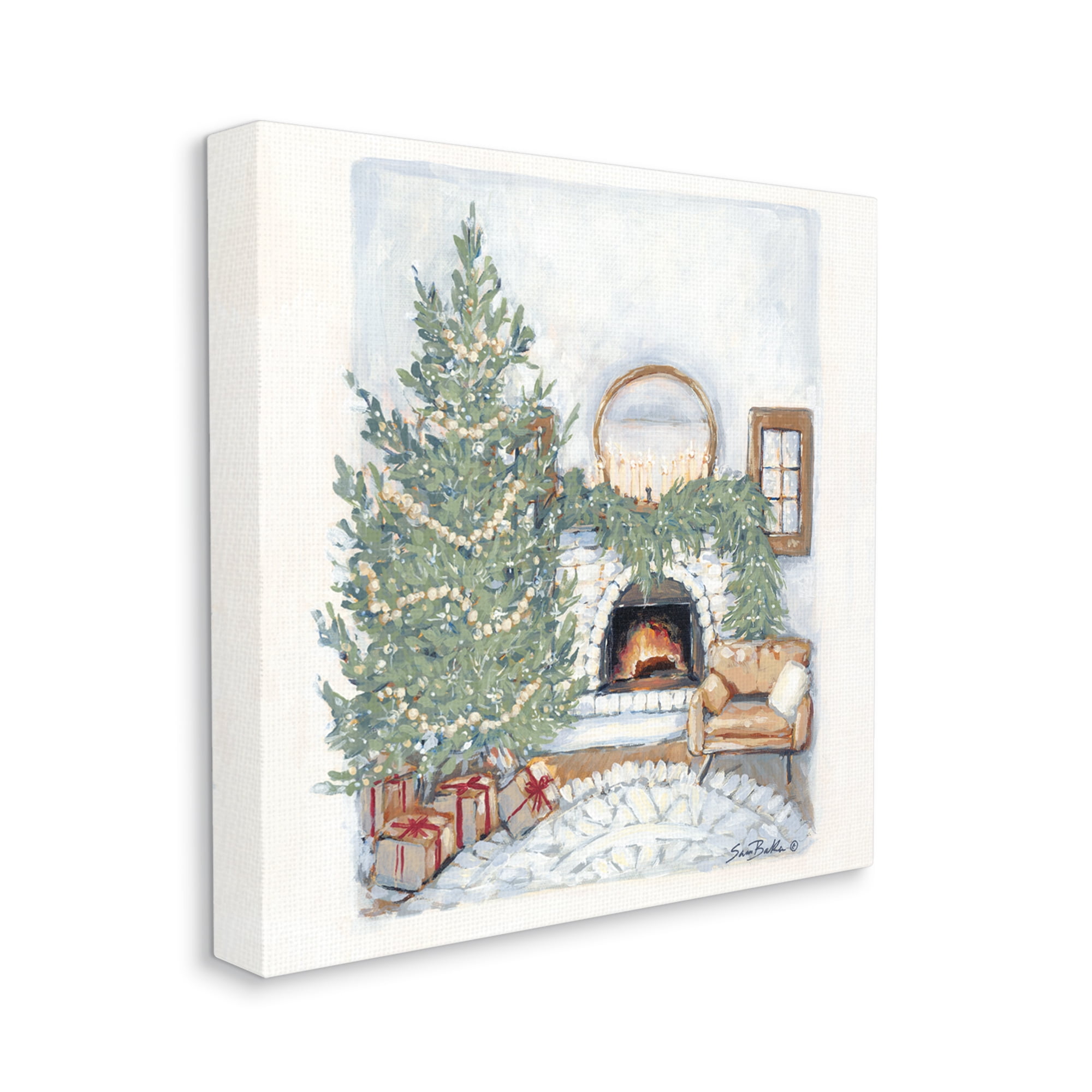 Cozy Christmas Night Gifts Decorated Fireplace Hearth Botanical & Floral Painting Gallery-Wrapped Canvas Print Wall Art