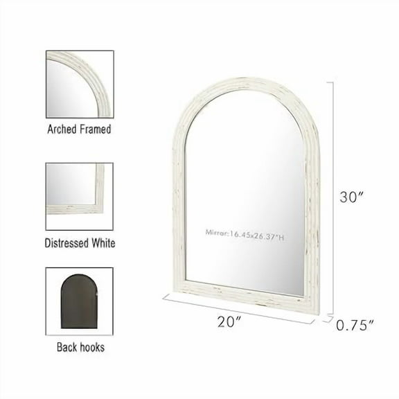 Arched Wall Mirror Wood Mirror, Decorative Mirror Bathroom Distressed White Farmhouse Mirror for Over Sink, Living Room, Entryway, Bedroom