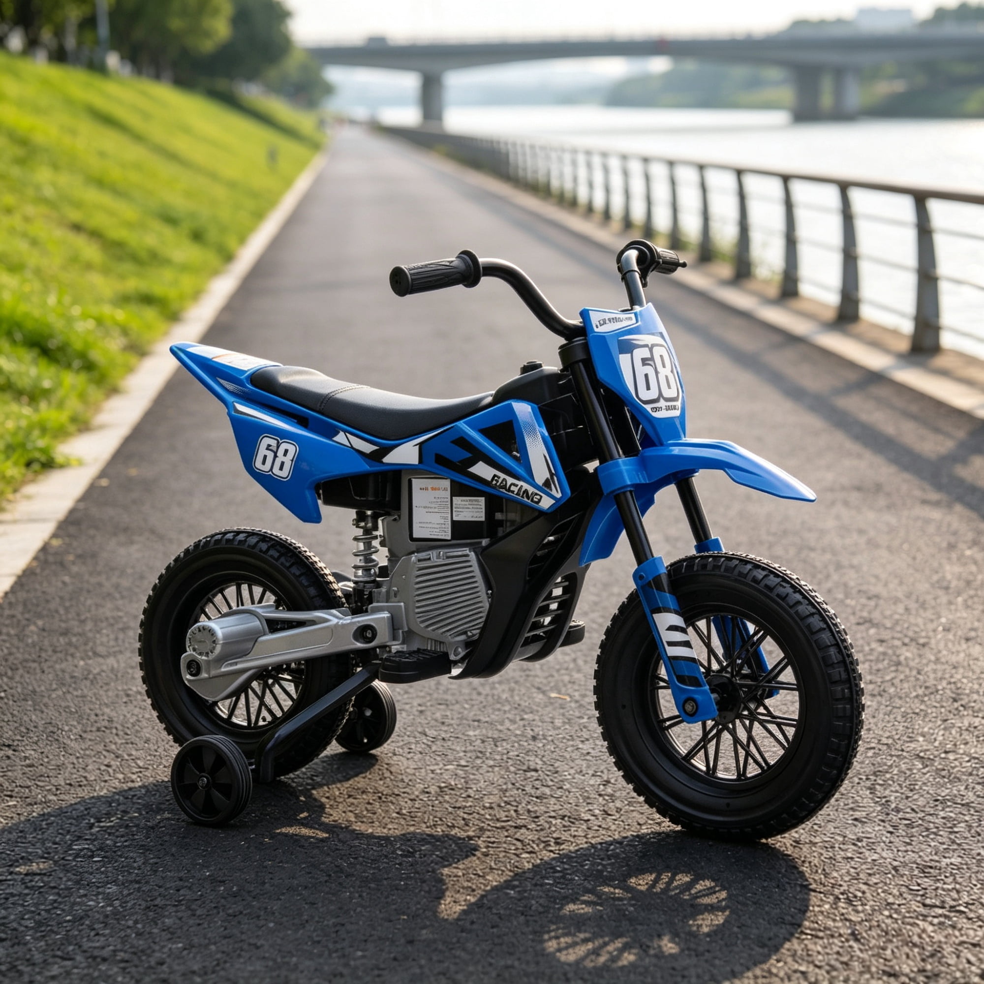 12V Kids Electric Motorcycle, Twist Handle Throttle, Safety Training Wheels, Rear Suspension System, Music Playback, Blue