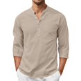 thumbnail image 2 of Awwp Men's Linen Cotton Shirt 3/4 Sleeve Stand Collar Casual Button down Shirts with Pocket Breathable Summer Shirts 8 Colors Available Vacation Beach Shirt Khaki Size: L, 2 of 9