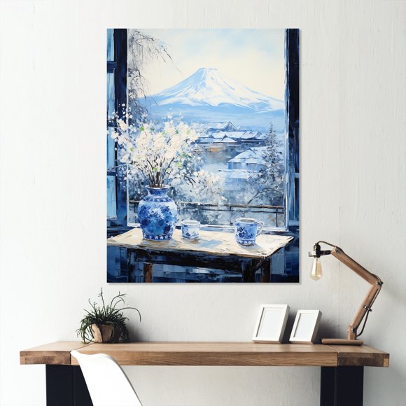 Designart "Mountain View of Mount Fuji in Japan Window IV" Japan Metal Wall Art, White Metal Wall Decor, Traditional Metal Art Decor For Office Room - 30x40 Inch