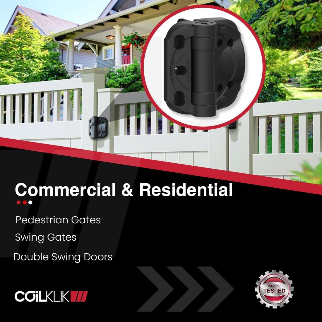 Safetech Hardware CoilKlik Self-Closing Gate Hinges | Self-Aligning Heavy Duty Spring Hinges | Adjustable Tension | Pool Safety Hinge | Square Post, Vinyl/PVC, & Wood | Swing Close 185lb -Black