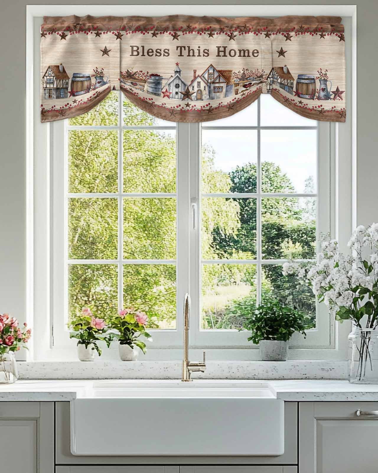Bless This Tie Up Valances Curtain, Adjustable Kitchen Home Farmhouse Country Star Barn Retro Wood Grain Valances for Windows Decor, Rod Pocket Short Curtains Set for Bedroom/Bathroom, 54"x18"