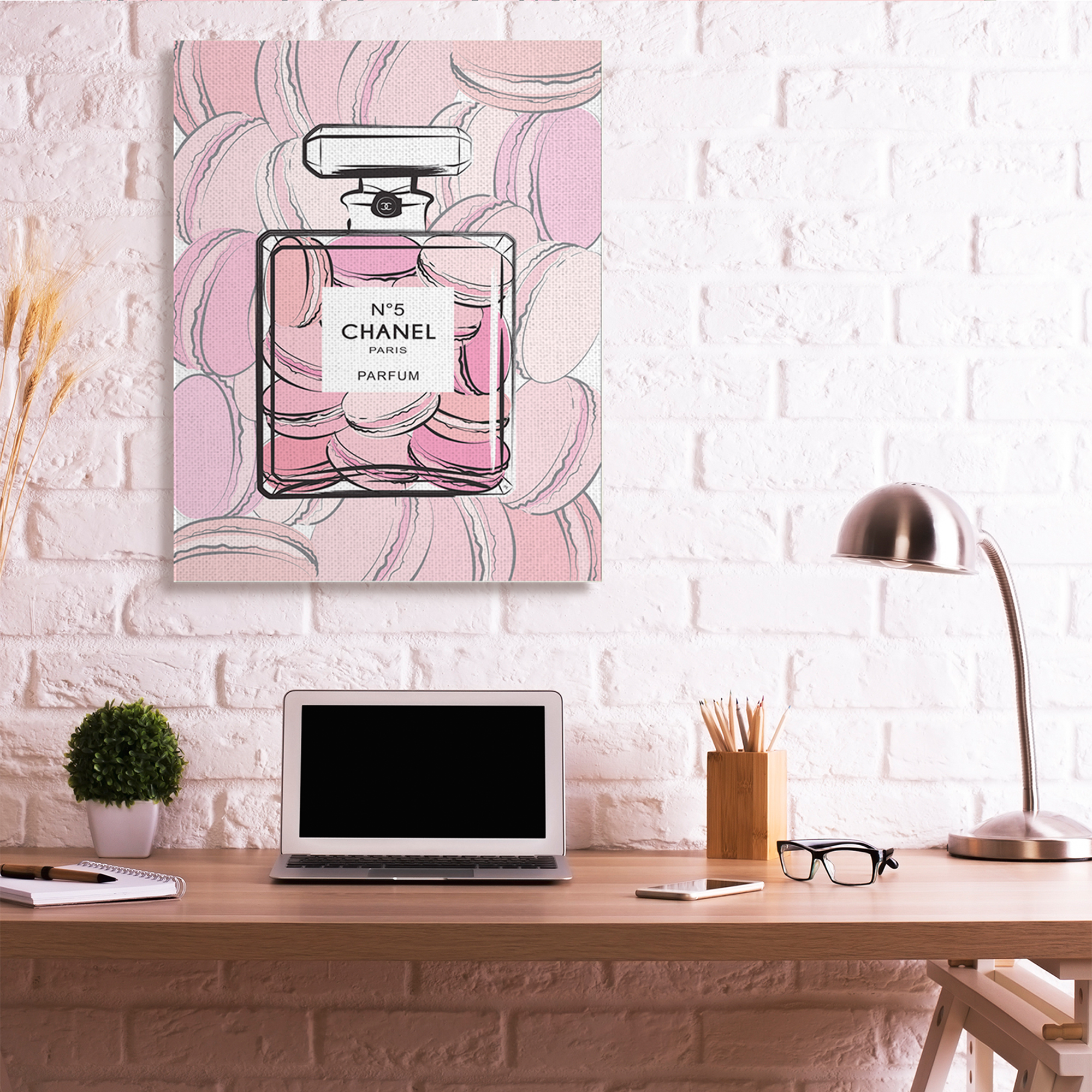 Stupell Industries Pink Macaron Dessert Perfume Fashion Bottle Food & Beverage Painting Gallery Wrapped Canvas Art Print Wall Art, 36 x 48