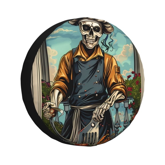 Fuzoiu Skeleton Chef BBQ Scene Print Universal Spare Tire Cover with Buckle Strap, Waterproof Wheel Covers for Jeep, Trailer, RV, Truck and All Car-14 inch