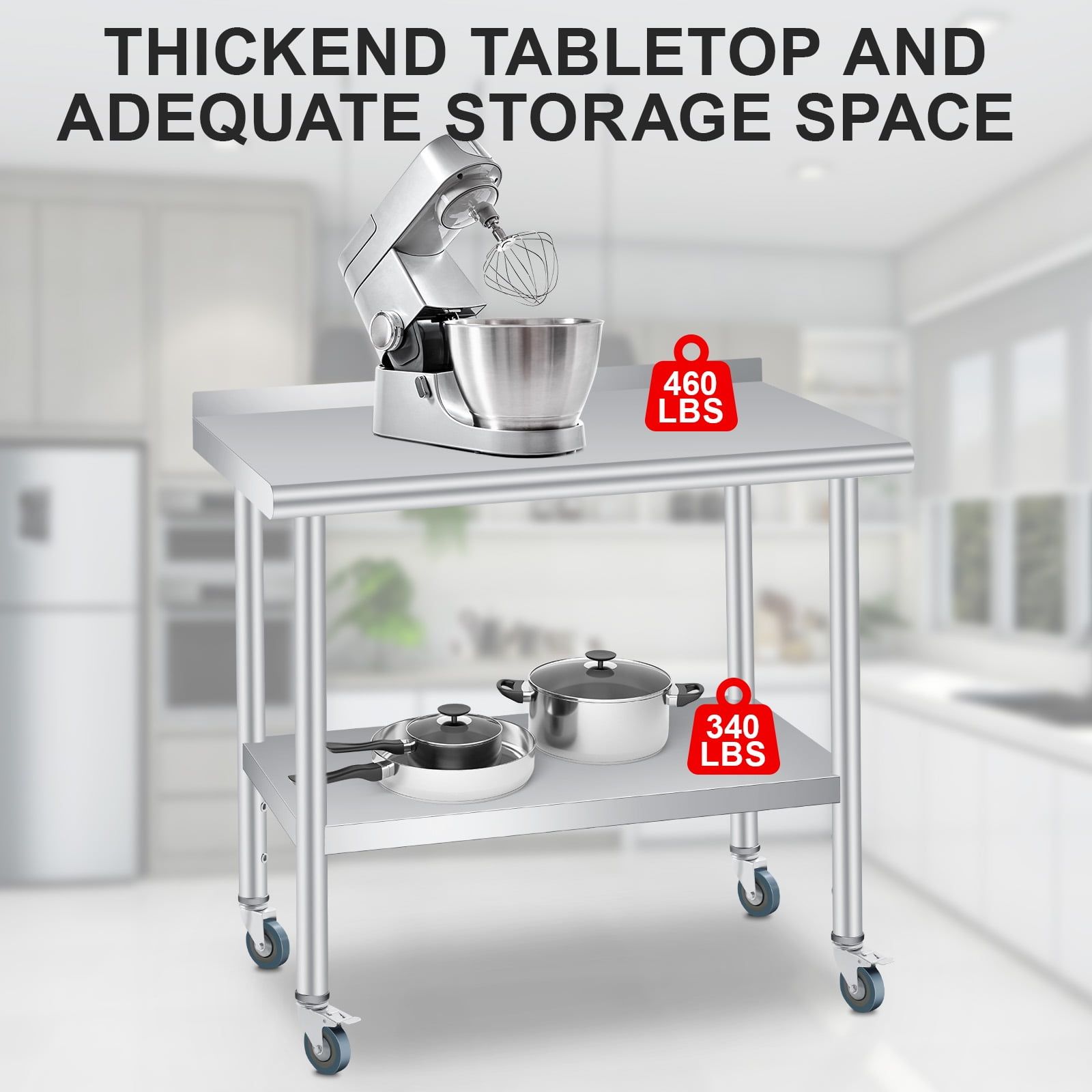 Gaderth Kitchen Prep Table, Prep Table With Storage, Heavy Duty Stainless Steel Kitchen Work Table With Backsplash And 4 Caster Wheels, Kitchen Utility Table, Metal Prep Table For Restaurant, Home