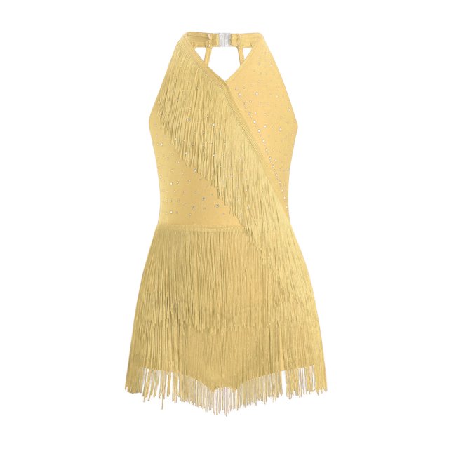 Loodgao Kids Girls Rhinestones Tassel Rumba Samba Jazz Latin Leotard Dance Shows Competition Dress Yellow 16