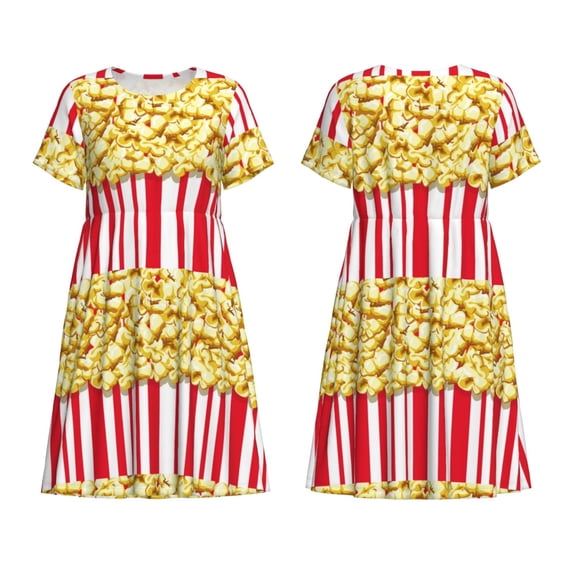 Horeoi Popcorn Print Women's Short Sleeve Dress Breathable Polyester-Spandex All-Over Print A-Line Side Pockets Elastic Waist
