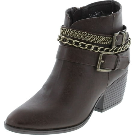 Image of Betani Taylor-2 Women Metallic Chain Buckle Strap Side Zip Stacked Chunky Bootie Brown 6