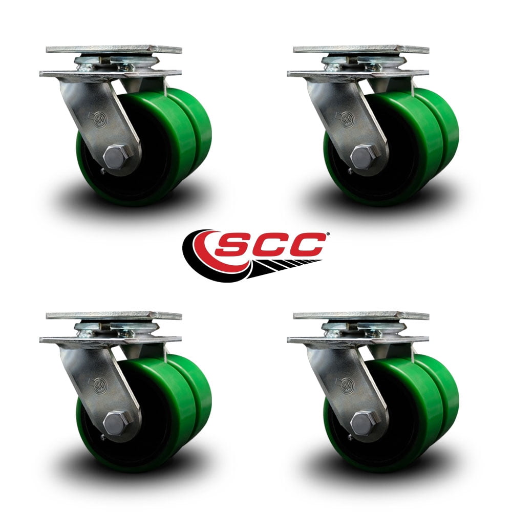 4 Inch Dual Green Poly on Cast Iron Wheels Swivel Caster Set with Roller Bearing