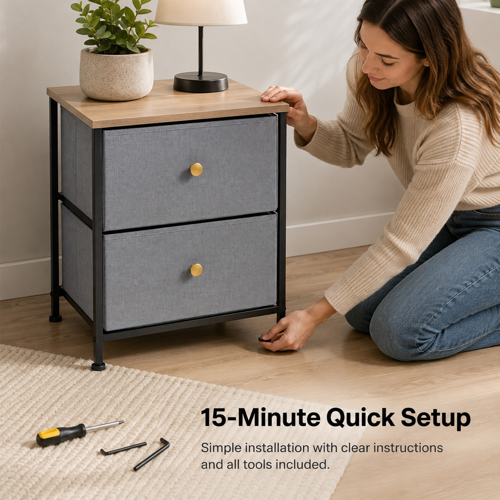 Alvantor Nightstand with 2 Storage Drawers, Small Bedside Table, Small Dresser with Sturdy Wooden Top for Daily Essentials, Compact Nightstand for Bedroom and Small Spaces
