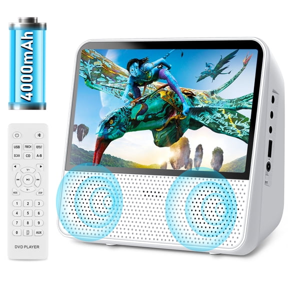 Portable DVD Player with 4000mAh rechargeable battery,Desktop CD/DVD Player Built-in Dueal Speakers,Support Bluetooth/AUX/AV/USB Connection, 7-Inch 1024*600 HD Screen