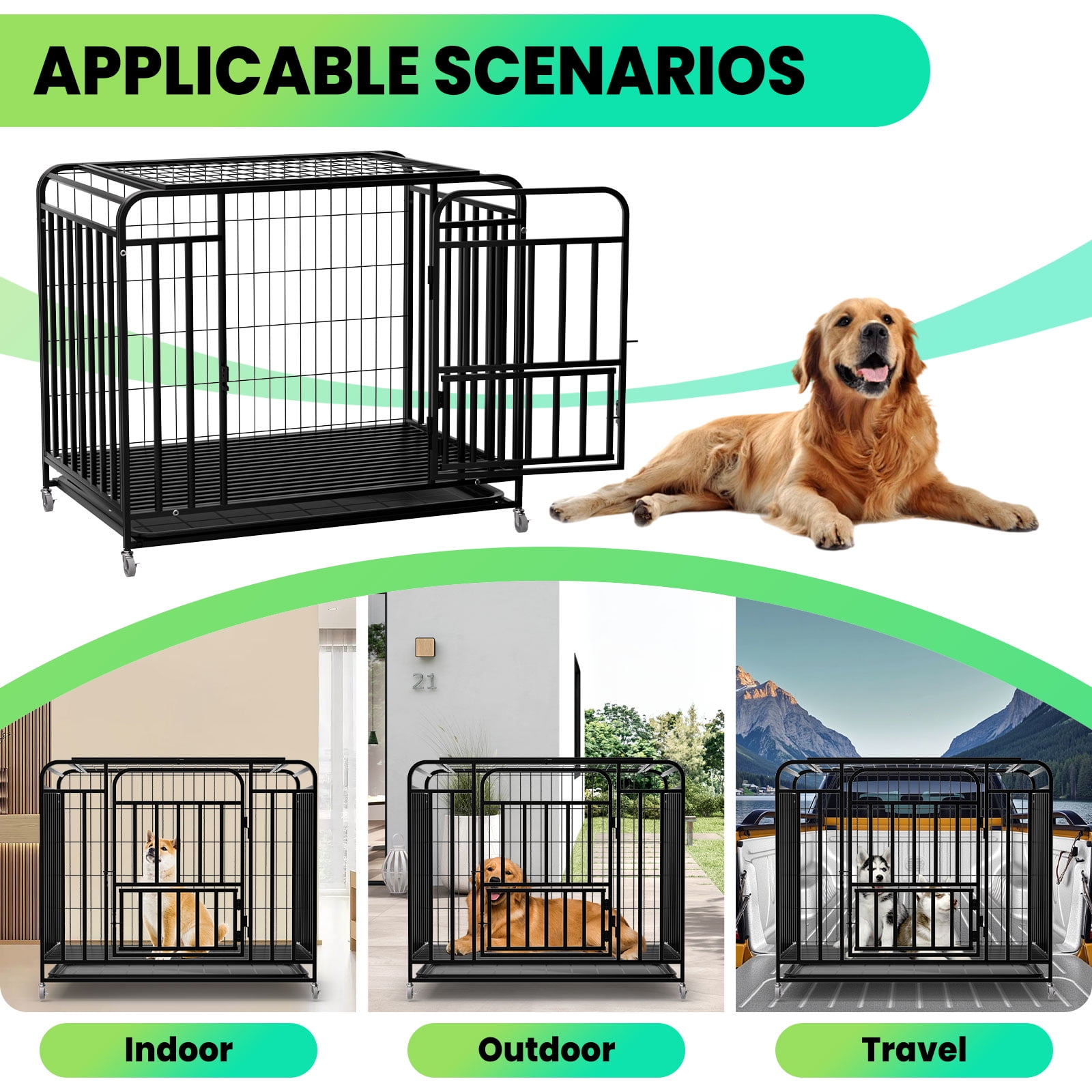 38" Dog Crates, Folding Metal Dog Cage, Heavy Duty Indestructible Dog Crate with Wheels, Dog Kennel Indoor for Multi-Pet Home & Grooming Shop