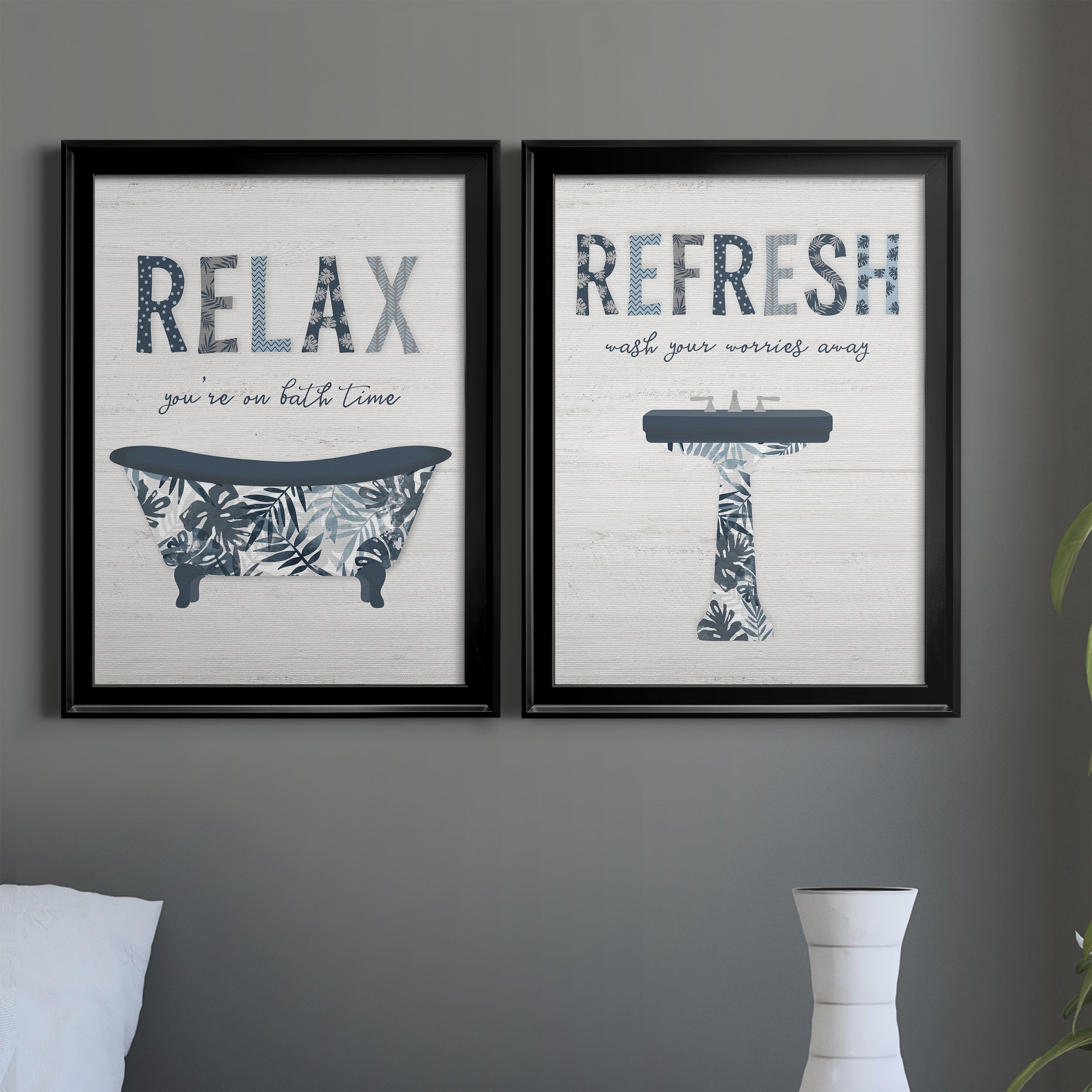 2 Piece Set Palm Bath I Premium Framed Canvas - Ready to Hang - 18.5 x 24.5 Each - Black Frame