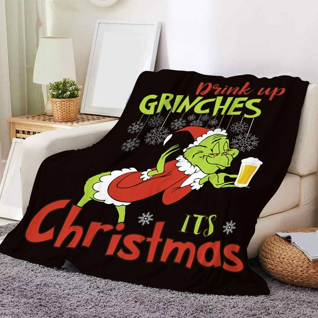 Manta de franela suave y cálida de Grinch para Año Nuevo: manta navideña de franela, mullida para sofá, cama, exteriores, camping, decoración cómoda para el coche de Grinch
