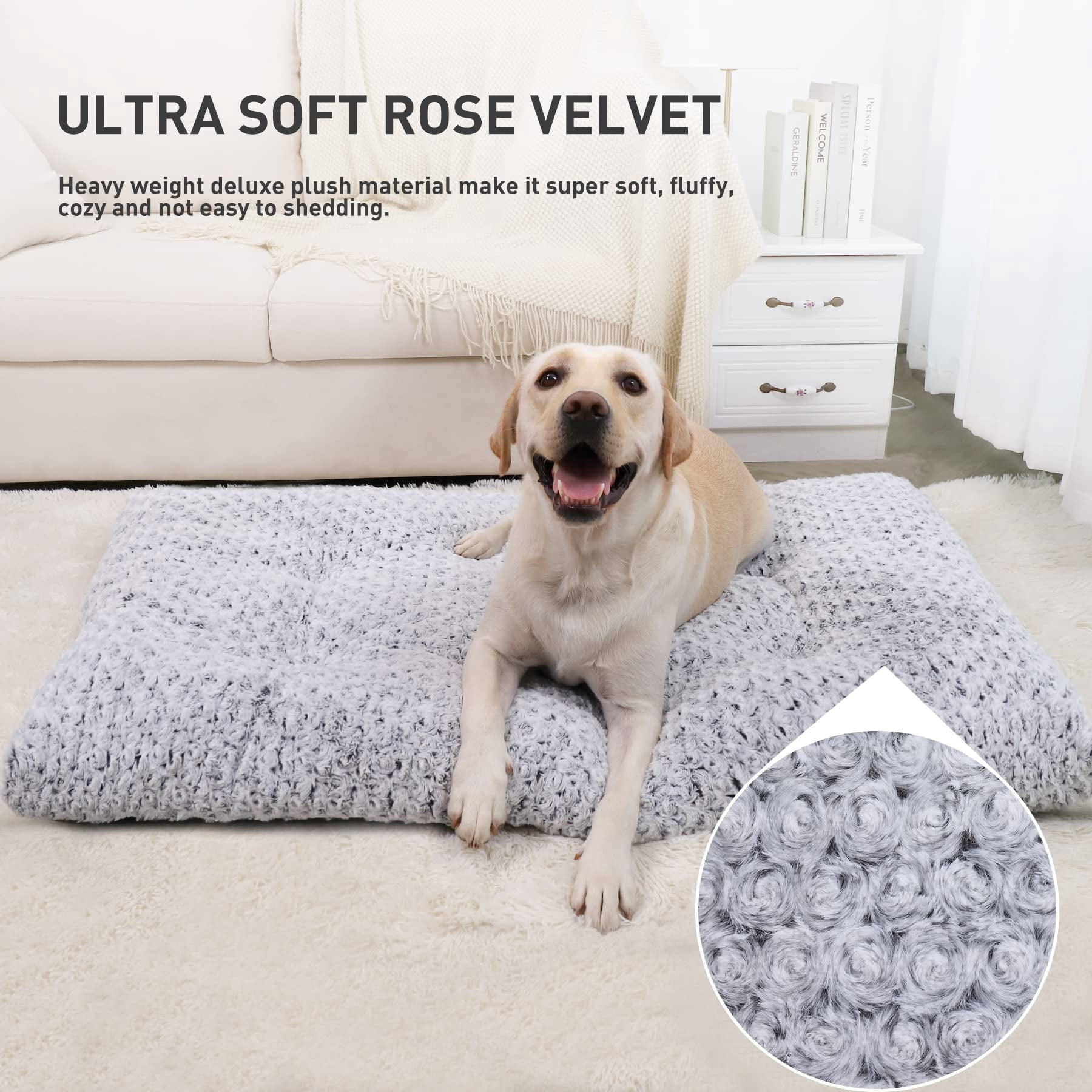 LosFong Washable Dog Bed Deluxe Plush Dog Crate Beds Comfy Kennel Pad Anti-Slip Pet Sleeping Mat for Large, Jumbo, Medium, Small Dogs Breeds, 35" x 23", Gray