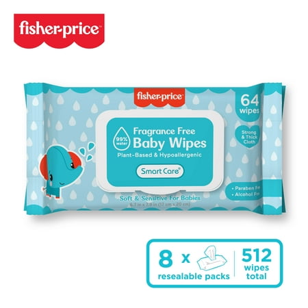 Fisher-Price Plant-Based Baby Wipes, Fragrance-Free, 8 Flip-Top Packs, 512 Count