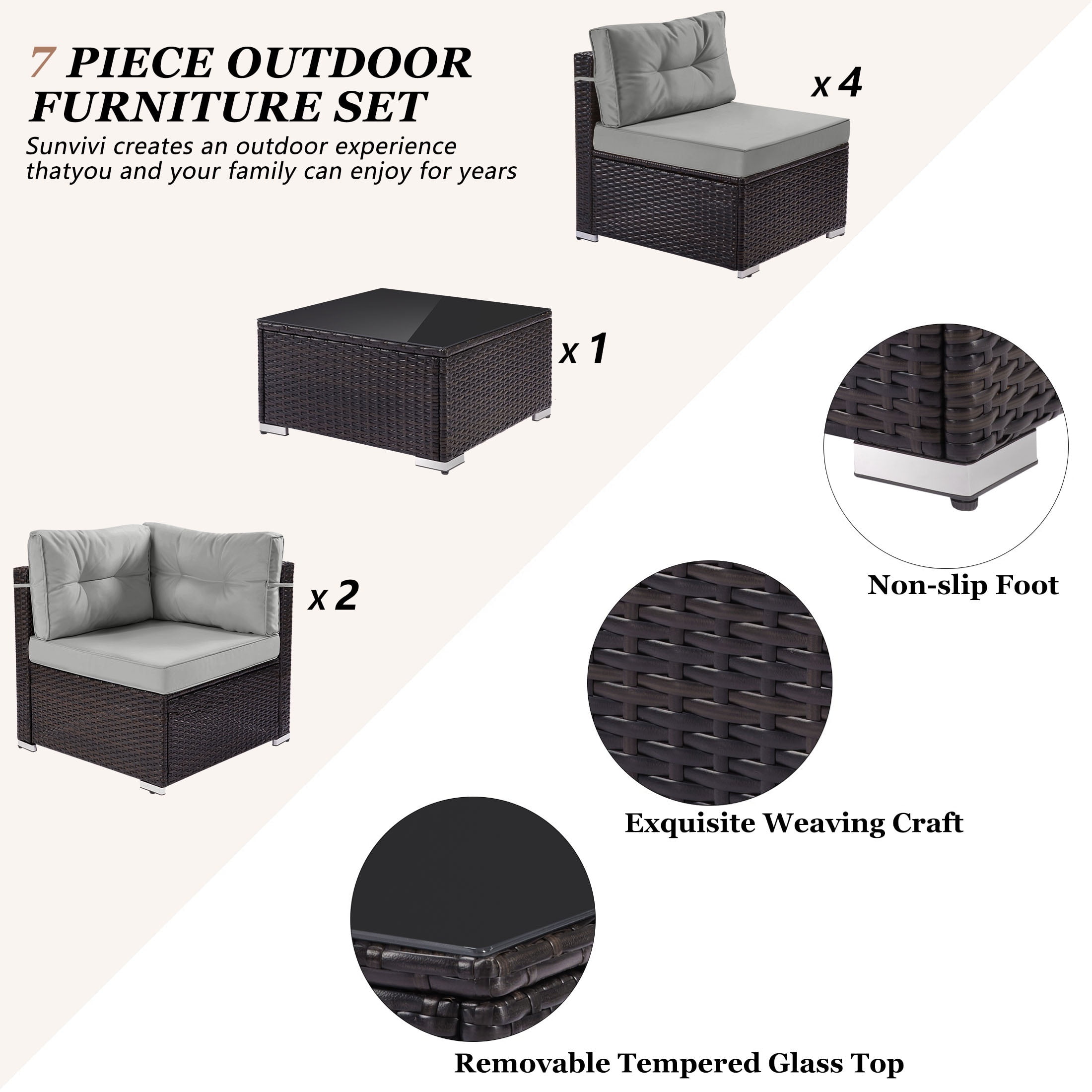 7 Piece Rattan Sectional Sofa Set, Outdoor Conversation Set, All-Weather Wicker Sectional Seating Group with Cushions & Coffee Table, Morden Furniture Couch Set for Patio Deck Garden Pool