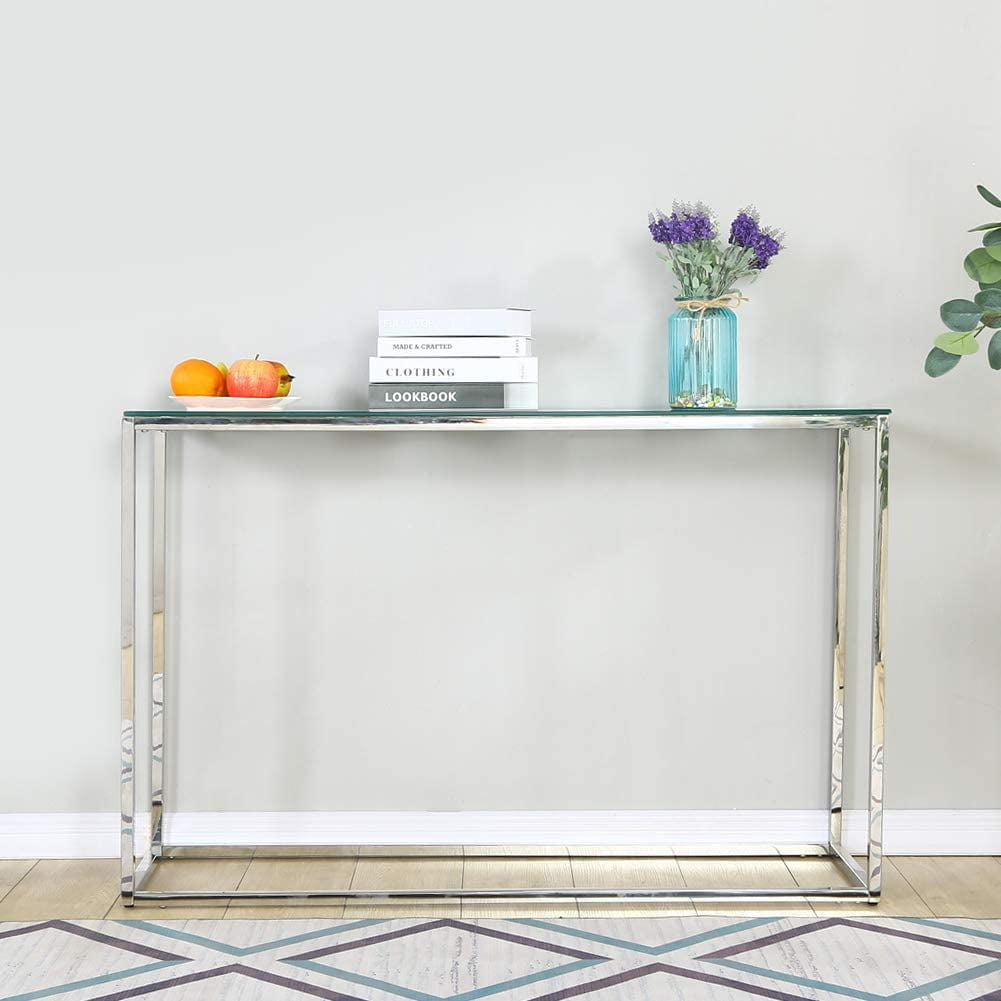 EiweLive Modern Sofa Glass Console Table, Narrow Entryway Table, Entry