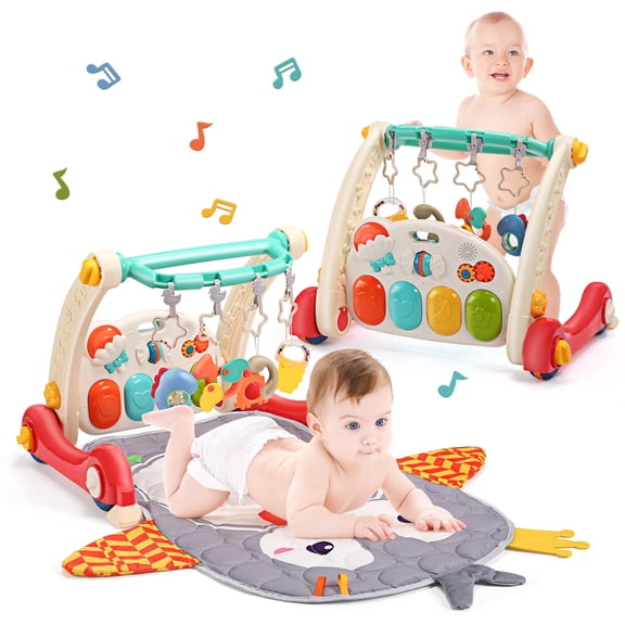 CUTE STONE Baby Activity Gym Play Mat with Piano, Musical Play Center with Lights, Tummy Time Mat & Push Walker Toy for Infants and Toddlers