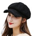 thumbnail image 2 of dianhelloya Warm hat Autumn Winter Women Beret Hat Solid Color Short Brim Windproof Faux Sweat-absorbing Octagonal Hat for Trip Black, 2 of 8