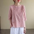 thumbnail image 5 of Homenesgenics Womens Tops under $5 Women's Casual Solid Color Vintage Cotton Linen T-shirt Embroidered Crew-Neck Tops Short Sleeve Tops/shirt Pink L, 5 of 6