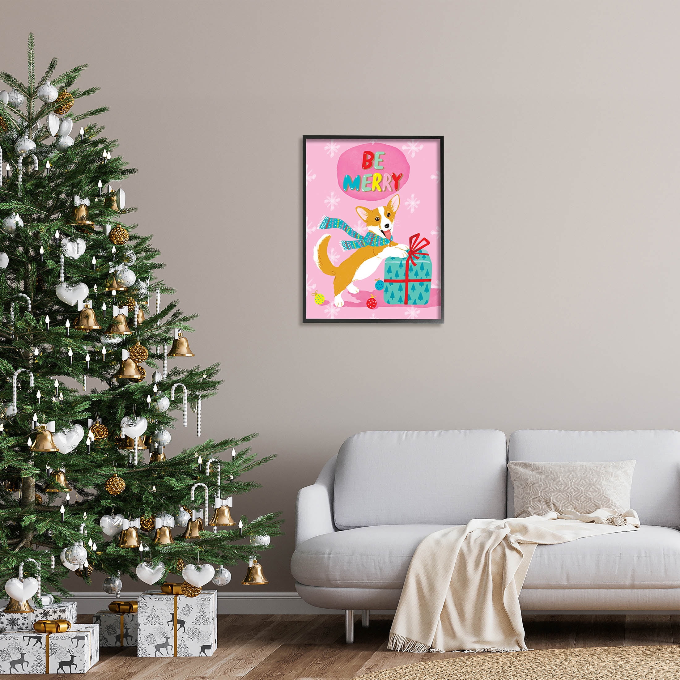 Be Merry Smiling Puppy Gift Holiday Graphic Art Black Framed Art Print Wall Art